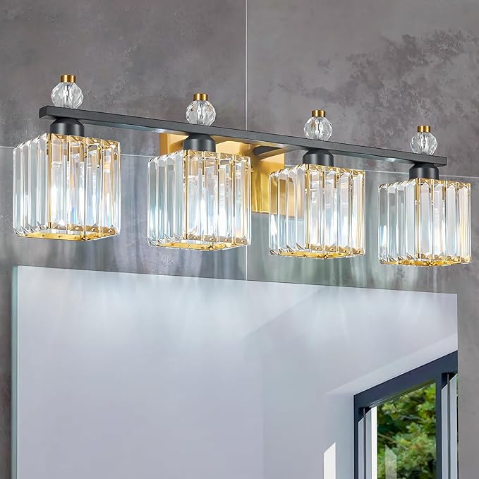 FDPBY Vanity Lights 4-Light Modern Crystal Vanity Light Black Gold Bathroom