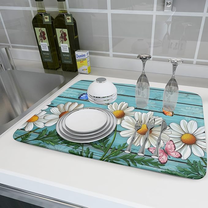 Spring Summer Daisy Flowers Dish Drying Mat