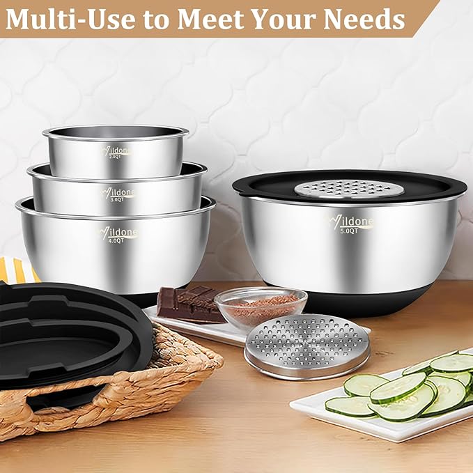 Wildone Mixing Bowls with Airtight Lids, with 3 Grater Attachments, Scale Mark