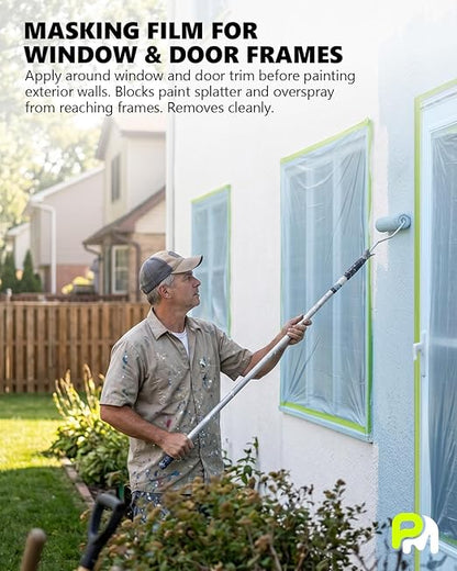 Pre-Taped Masking Film for Painting - 3 Rolls Mixed Size Painters Plastic Sheeting with Tape and Drape, Painters Drop Cloth for Automotive & Home, Cover for Walls/Floors/Windows/Cars Protection