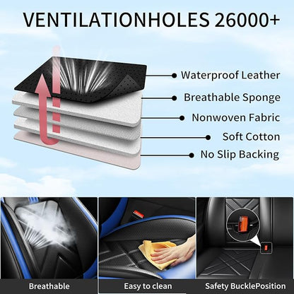 Car Seat Covers Fit for Ford Mustang Mach-E 2021-2026, Full Coverage Leather Waterproof Breathable Seat Covers Full Set, Automotive Seat Protectors, Airbag Compatible, 2 Front Seats, Black-Blue