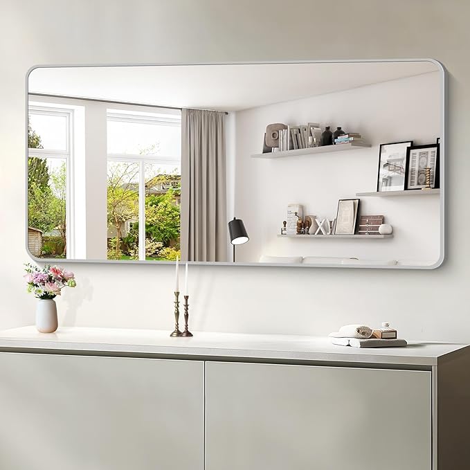30x60 Inch Silver Bathroom Mirror, Large Rectangular Vanity Mirror, Metal