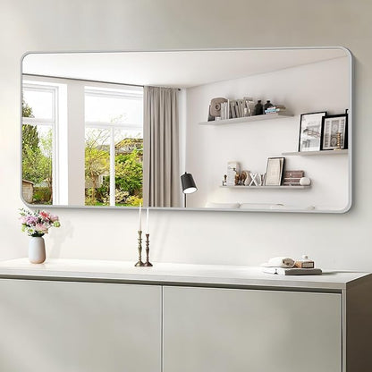 30x60 Inch Silver Bathroom Mirror, Large Rectangular Vanity Mirror, Metal