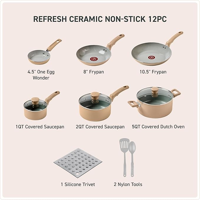 T-Fal Refresh Ceramic Nonstick Cookware Set, Oven Safe to 350°F, Includes