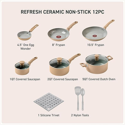 T-Fal Refresh Ceramic Nonstick Cookware Set, Oven Safe to 350°F, Includes