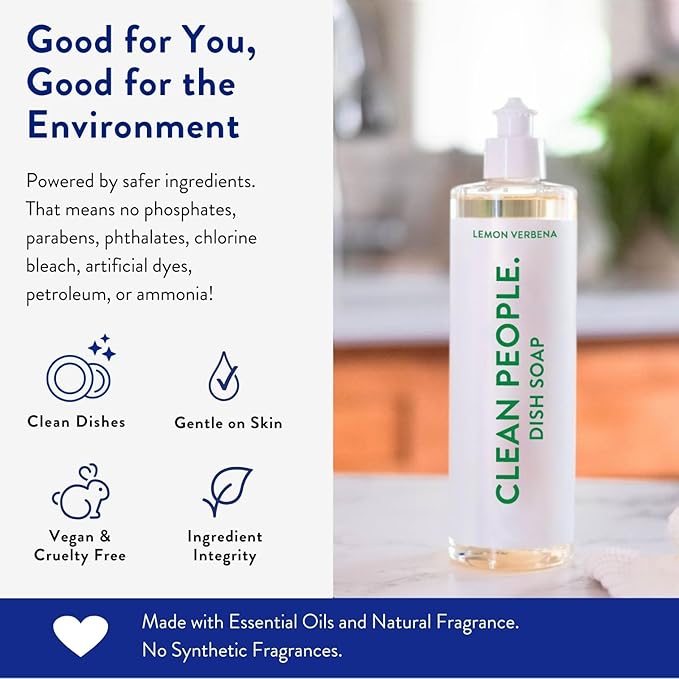 THE CLEAN PEOPLE Liquid Dish Soap - Clean, Simple Ingredients - Extra Scrubbing Power (Lemon Verbena Scent) 12 fl. oz (3 Pack)