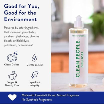 THE CLEAN PEOPLE Liquid Dish Soap - Clean, Simple Ingredients - Extra Scrubbing Power (Lemon Verbena Scent) 12 fl. oz (3 Pack)