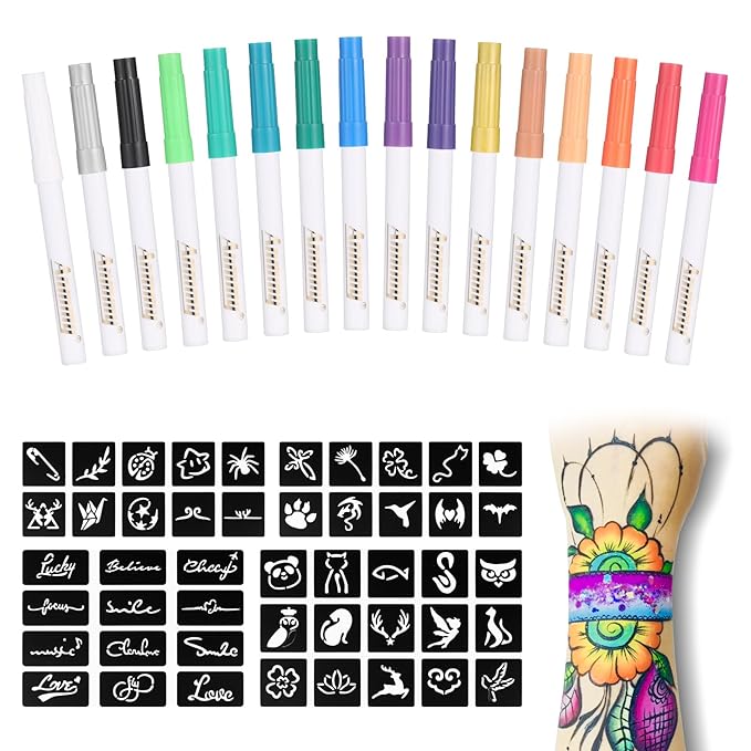 Temporary Tattoo Metallic Markers for Skin,16-Count Body Markers+77 Large Tattoo Stencils of Assorted Colors for kids and Adults,Flexible Brush Tip, Bright colors, Skin-Safe*,Cosmetic-Grade.