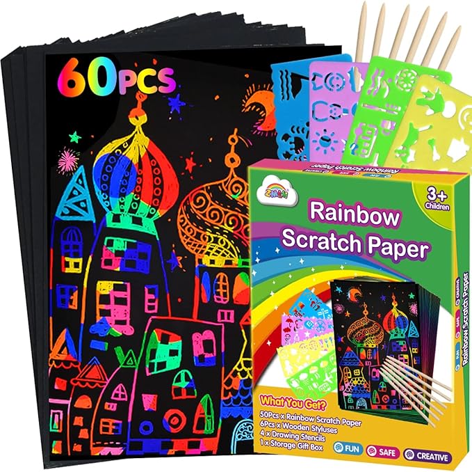 ZMLM Scratch Paper Art Set: 60Pcs Magic Drawing Art Craft Kid Mother Gifts Scratch Paper Supply Toddler Preschool Learning Toy for Age 3 4 5 6 7 8 Girl Boy Birthday Activities Toys