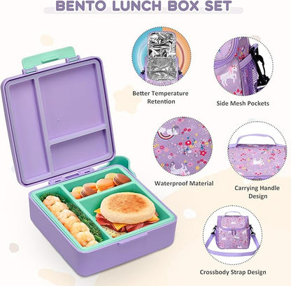 Lunch Box Set with Bento Box Container, 17OZ Stainless Steel Food Soup Thermo, Kids Water Bottle & Portable Insulated Lunch Bag, Leakproof, Hot/Cold Retention for School, Travel (Purple-Horse)