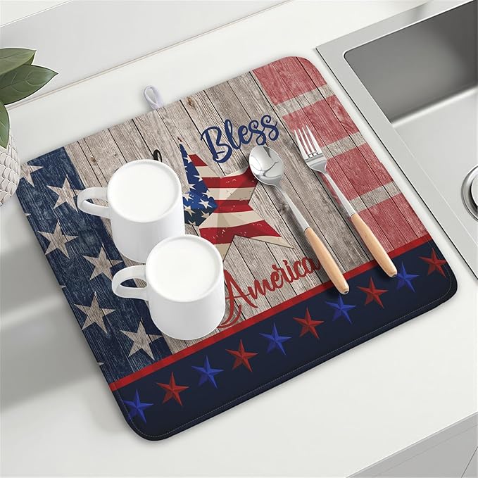 Kawani 4th of July Dish Drying Mat 16x18 Inch Patriotic God Bless America
