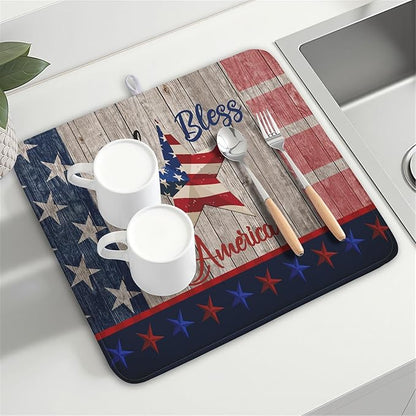 Kawani 4th of July Dish Drying Mat 16x18 Inch Patriotic God Bless America
