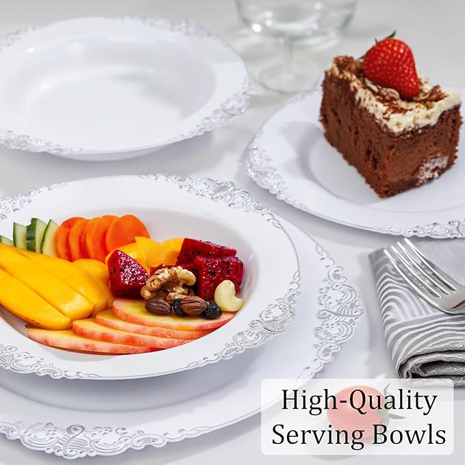 Nervure 50PCS White Plastic Bowls with Silver Rim - 12oz Disposable Soup Bowls, Heavy Duty Salad Ice Cream Bowl Perfect for Weddings, Parties and Everyday Use