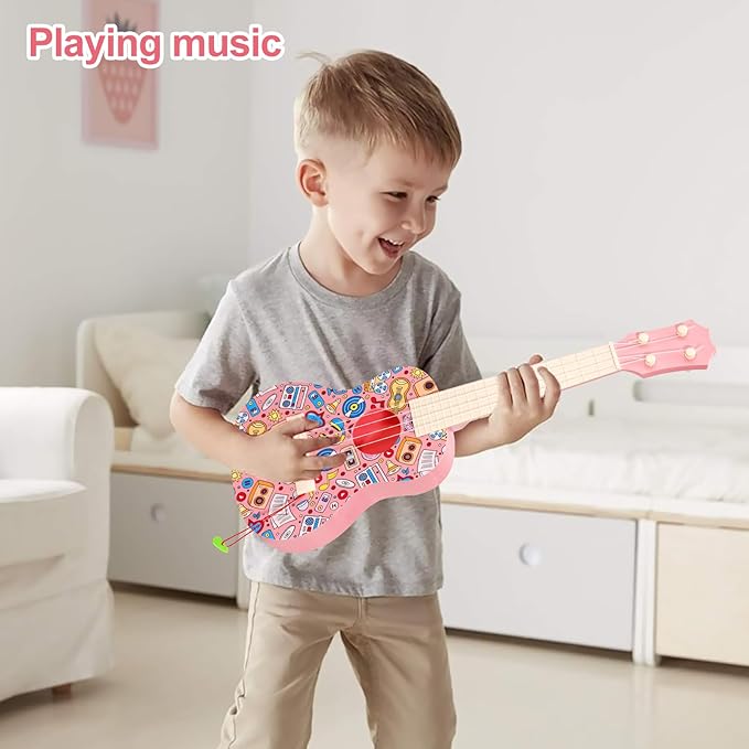 LeeQee 21in Colorful Graffiti Ukulele Guitar for Kids, 4 Strings Kids Guitar Ukulele Musical Instruments Learning Educational Toys with Picks for 3 4 5 6 7 8 9 10 11 12 Toddler Boys Girls (Pink)