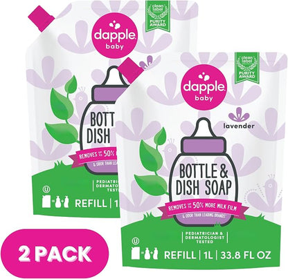 Dapple Baby Lavender Bottle & Dish Soap Refill Pouch - (2 Pack) 33.8 fl oz - Plant-Powered Cleaner for Baby Bottles, Pump Parts, and Sippy Cups