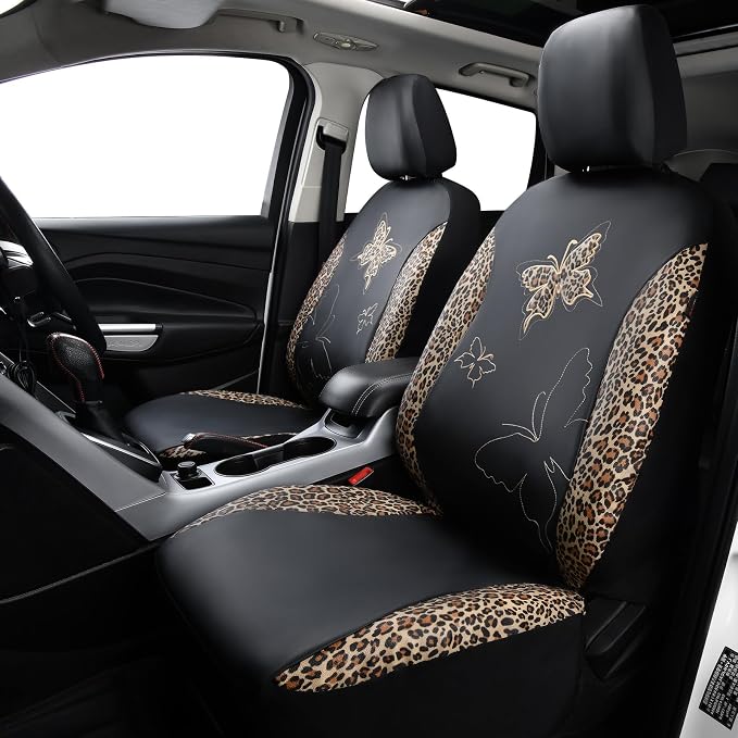 Flying Banner Butterfly car seat Covers ful Set Fashion Universal Lady Woman Female Rear Bench Split Colorized (Full Set - Faux Leather, Leopard Brown)