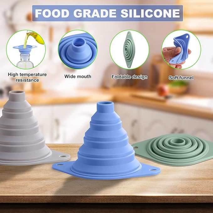 Kitchen Funnel Set 3 Pack, Collapsible Silicone Funnel