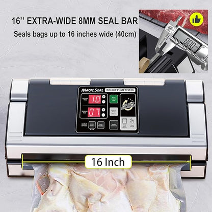 MAGIC SEAL 16-Inch Nozzle Vacuum Sealer for Food Storage - Works with Mylar & Smooth/Non-Textured Bags, No Textured Bags Needed, 250W, 8mm Extra-Wide Seal, 2X Suction Pump - MS180