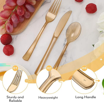 Minatee 150 Pieces Disposable Cutlery Set Plastic Silverware Heavy Duty Utensil Sets 50 Forks 50 Knives 50 Spoons for Home Office School Party Picnics Restaurant Outdoor Events(Coffee)