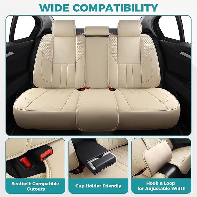 Car Seat Covers Full Set - Universal Seat Covers for Cars SUV Truck – Faux Leather Automotive Seat Covers, Breathable & Waterproof Front and Rear Seat Protectors, Fit for Most Cars-Beige