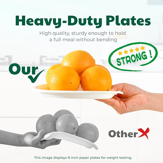 100% Compostable Paper Plates, 10 Inch, 125 Count, Biodegradable Bagasse Plates, Heavy Duty Disposable Plates Bulk for Party | Microwave-Safe | Soak-Resistant, Cut Resistant