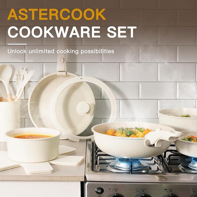 Astercook 21 Pcs Pots and Pans Set Non Stick, Ceramic Cookware Set Detachable