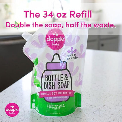 Dapple Baby Lavender Bottle & Dish Soap Refill Pouch - (2 Pack) 33.8 fl oz - Plant-Powered Cleaner for Baby Bottles, Pump Parts, and Sippy Cups