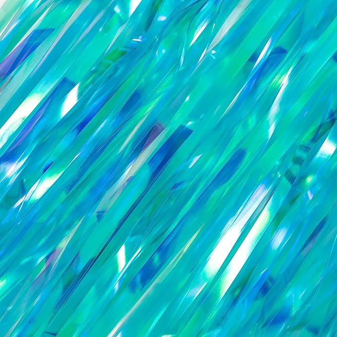 BRAVESHINE Party Decorations Iridescent Foil Fringe Backdrop - 2 Packs 3.2 x 6.5 ft Holographic Tinsel Backdrop Party Streamers Curtain for Birthdays Mermaid Sea Frozen Christmas Parties - Clear Blue
