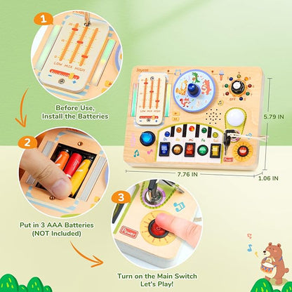 JoyCat Busy Board with Led Light, Toddler Toys for 1 2 3 4 Year Old Boys and Girls, Wooden Sensory Toys with Music, Travel Toy for Toddlers 1-3, Birthday Presents (Yellow)