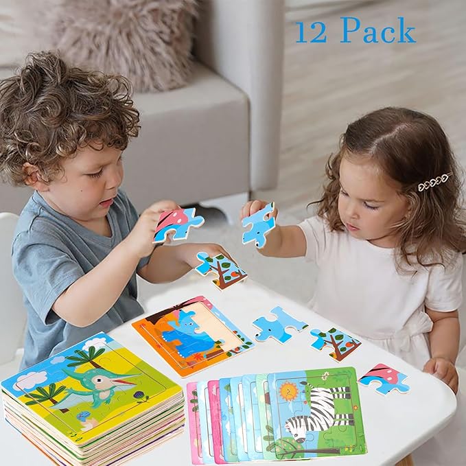 12 Pack 3.54" Mini Wooden Animal Jigsaw Puzzles for Kids Ages 2 3 Toddlers 9 Pieces Preschool Educational Puzzles Learning Travel Jigsaw Puzzle Toys Gift for Boys and Girls