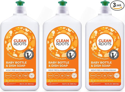 Baby Bottle & Dish Soap – EcoGarantie Certified, 100% Plant-Based Formula, Made with Organic Ingredients, Scent-Free & Hypoallergenic – 16.9 fl oz (500 mL), Pack of 3