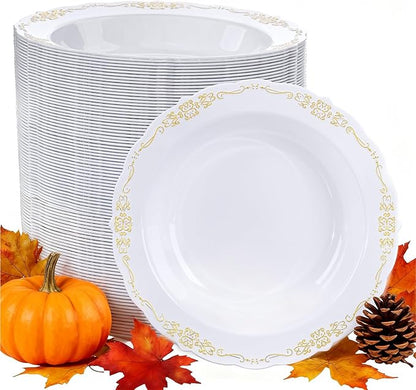 DaYammi 100 Pack Plastic Bowls with Gold Rim, 12oz Disposable Soup Bowls, Plastic bowls Disposable Heavy Duty Dinner bowls for Weddings, Parties, Catering and Everyday Use