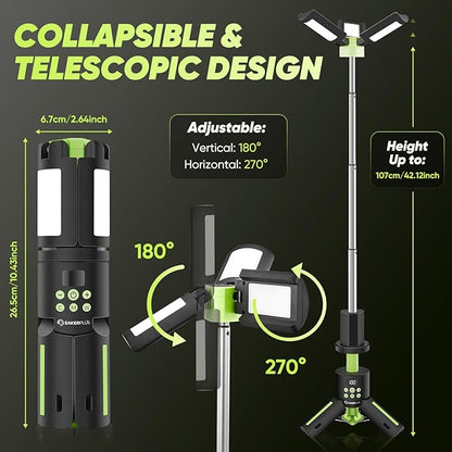 Portable Camping Lights with Stand, 5000LM Rechargeable LED Flashlight, 9 Color Modes, Collapsible Camping Lantern Tent Light with Magnetic Base for Power Outages, Camping & Emergency(Green)