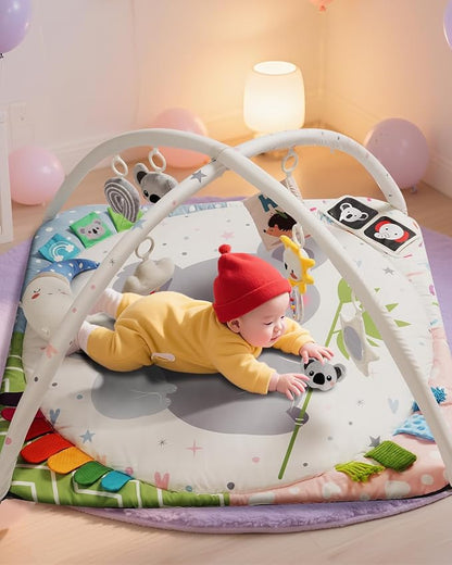 Baby Play Gym with 4 Developmental Zones – Tummy Time Mat & Activity Mat with 6 Sensory Toys, Visual Cards & Pillow – Baby Essentials & Ideal Gift for Newborns