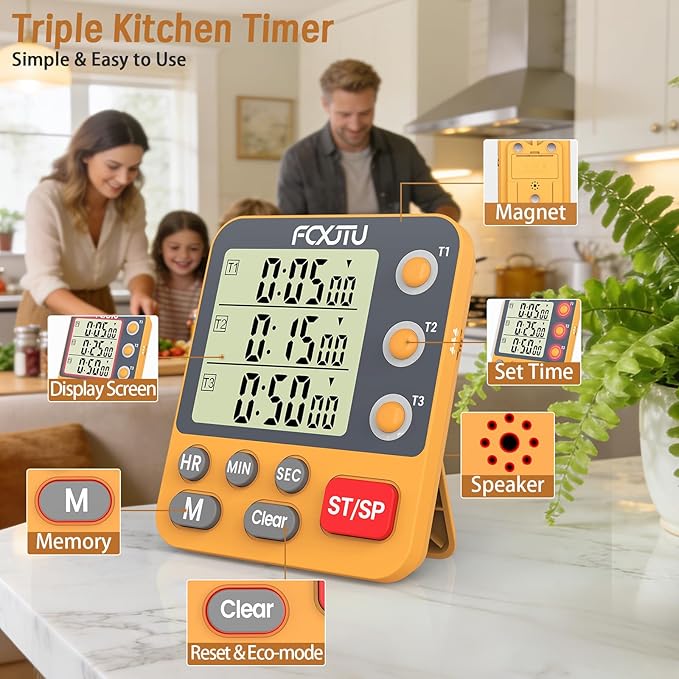 Digital Dual Triple Kitchen Timer, 3-Channel Magnetic Countdown Timer
