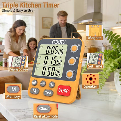 Digital Dual Triple Kitchen Timer, 3-Channel Magnetic Countdown Timer