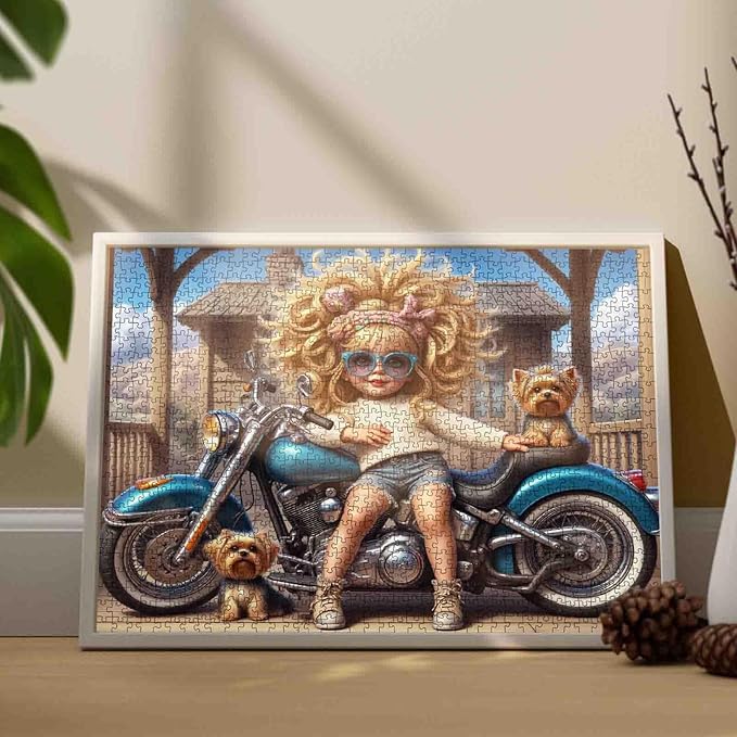 1000 Piece Jigsaw Puzzle for Adults, Girl and Yorkshire Terrier on Motorcycle Puzzles, Girl DIY Puzzles for Home Decoration Gift, Challenging Puzzle for Family Game Nights 20 x 27 Inch