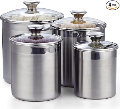 Cooks Standard Stainless Steel Food Jar Storage Canister Set Large 4-Piece, 1.6qt/2.5qt/3.5qt /5qt Airtight Containers with Glass Lid for Tea Coffee Sugar Flour Pantry Kitchen Counter