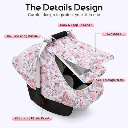 Car Seat Cover Baby Girls, Mink Dot Carseat Covers for Newborn with Breathable Mesh and Sun Shade Window, Warm Stretchy Infant Car Seat Canopy Snug Fit Baby Carrier, Stroller