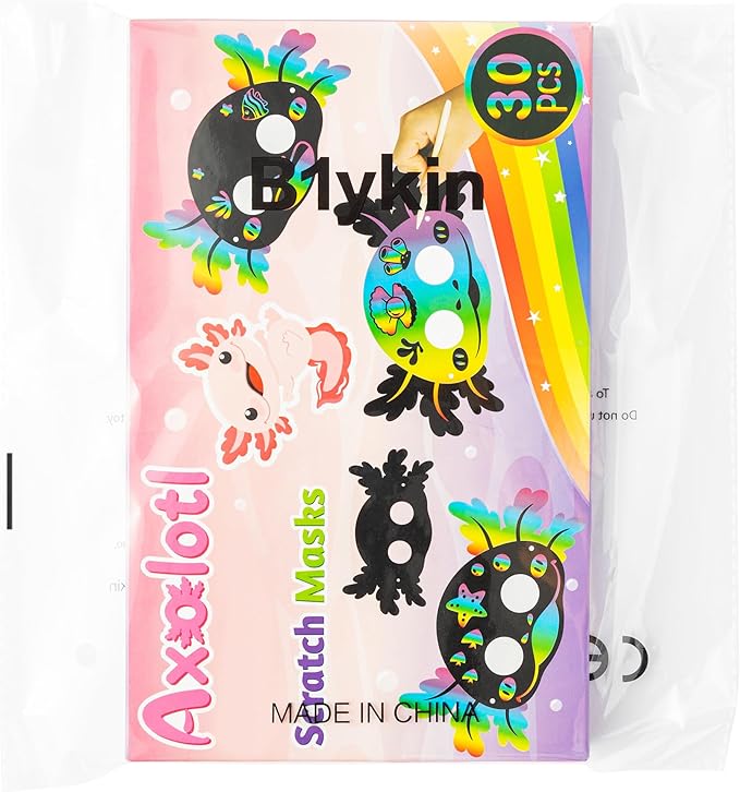 B1ykin 30Pcs Axolotl Scratch Mask Gift Set, DIY Magic Scratch Axolotl Masks Paper Art Craft Kit for Kids, Color Paper Party Favors for Girls Boys Birthday School Classroom Art Activity Project