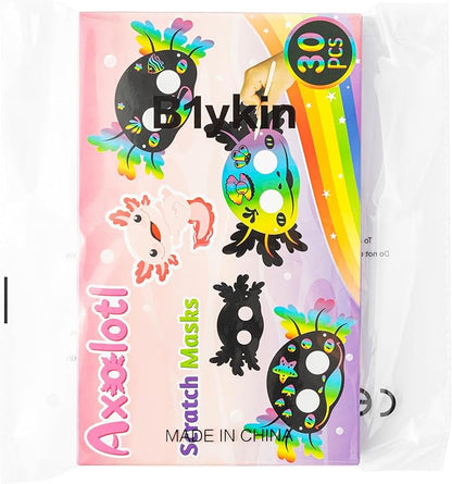B1ykin 30Pcs Axolotl Scratch Mask Gift Set, DIY Magic Scratch Axolotl Masks Paper Art Craft Kit for Kids, Color Paper Party Favors for Girls Boys Birthday School Classroom Art Activity Project