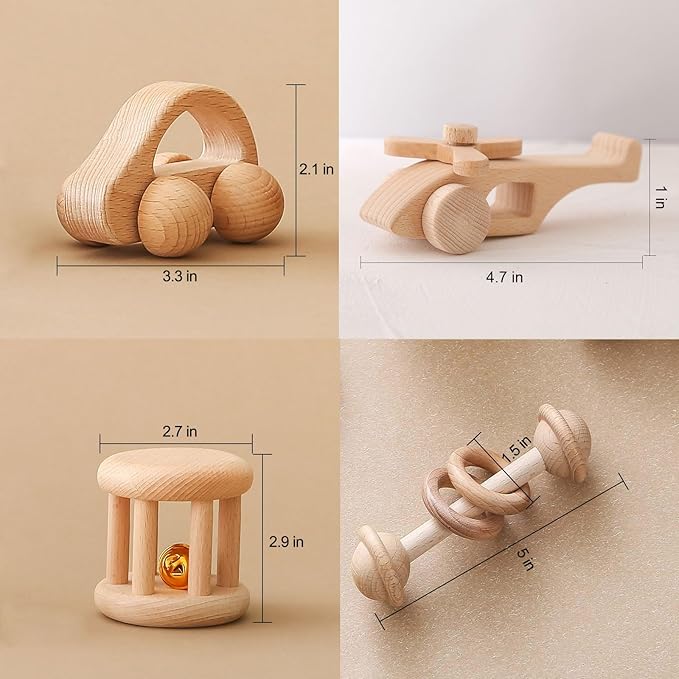 Wooden Baby Rattle Set - Montessori Grip Toy for Newborns, Natural Wood Gift Set of 3