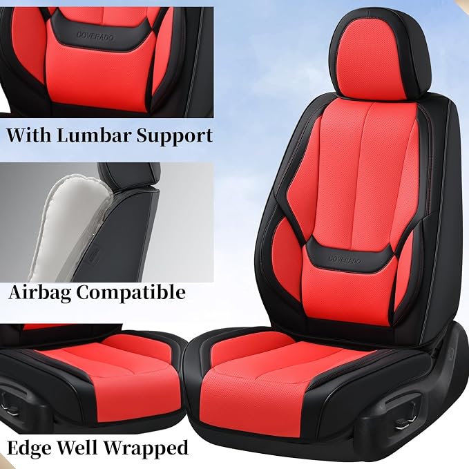 Coverado Car Seat Covers Full Set, Seat Covers for Cars, Car Seat Protector Waterproof, Nappa Car Seat Cushion, Car Seat Covers Front Seats and Back Fit for Most Cars BlackRed