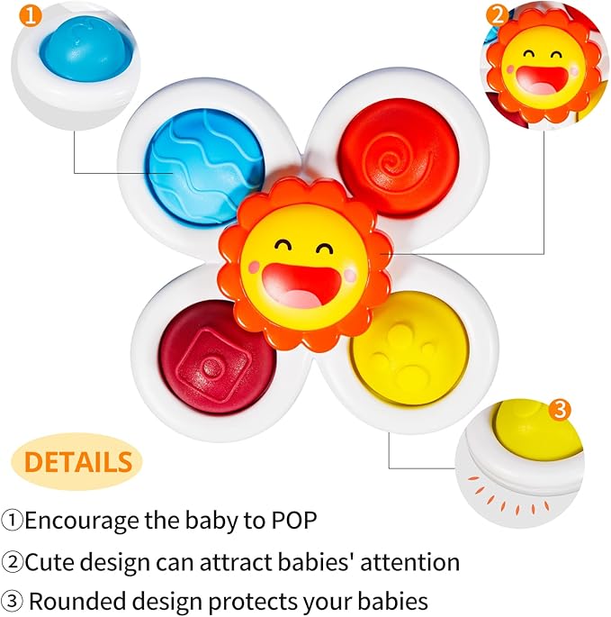 ALASOU 3PCS Pop Suction Cup Spinner Toys for 1 Year Old Boy Girl|Novelty Spinning Tops Toddler Toys Age 1-2|Sensory Baby Bath Toy for Toddlers 1-3|12 18 Months Boy Birthday Gift for Infant