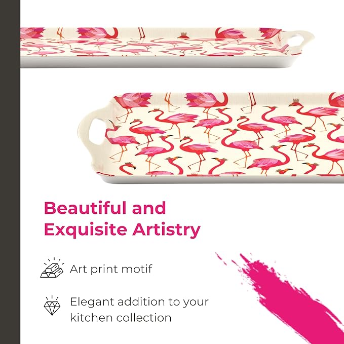 Pimpernel Sara Miller London Flamingo Collection Melamine Tray – (19.25" x 11.5") Large Rectangular Platter with Handles, Decorative Tropical Bird Print for Serving Meals & Beverages