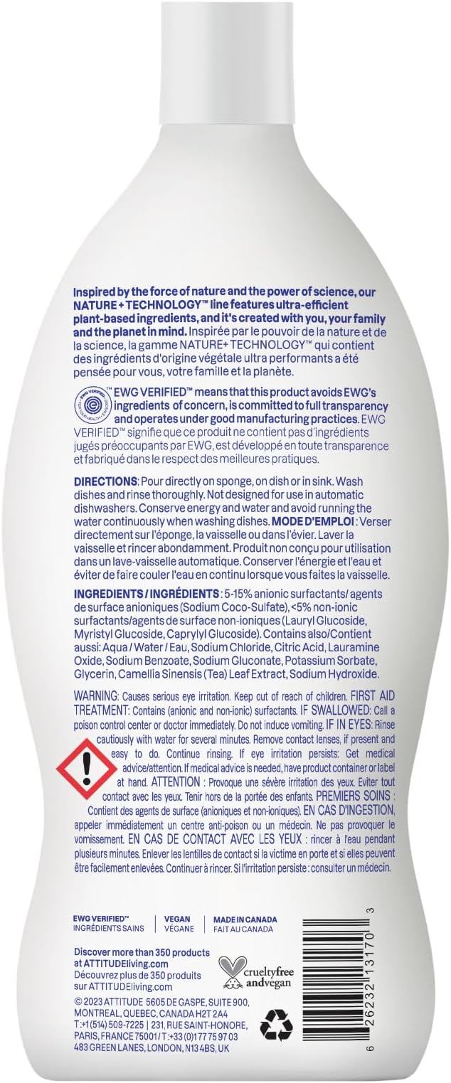 ATTITUDE Dish Soap, EWG Verified, Plant-Based & Vegan Dishwashing Liquid, Naturally Derived, Unscented, 23.7 Fl Oz