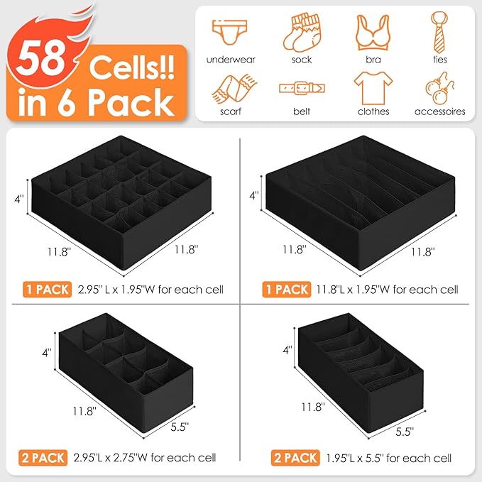 6 Pack Sock Underwear Drawer Organizer Dividers, 58 Cell Foldable Fabric