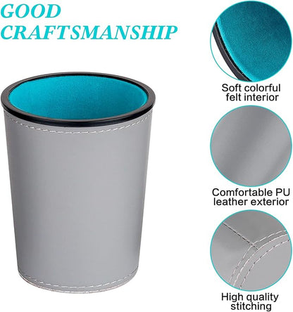 Felt-Lined PU Leather Dice Cup Set, 6 Quiet Dice Shaker Cups with 36 Dices for Bar Party Yahtzee Farkle Dice Games, Grey and Blue