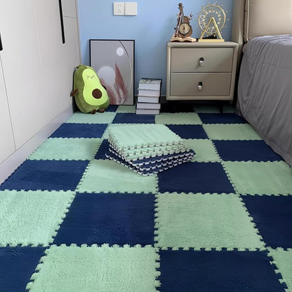 16pcs 0.6" Thickened Interlocking Tile Mats,Fluffy Shaggy Soft EVA Foam Area Rug for Living Room&Bedroom,Non-Slip Protective Floor Carpet Play Mat Kids Baby Dorm Home Decor 11.8ft (Navy Blue)
