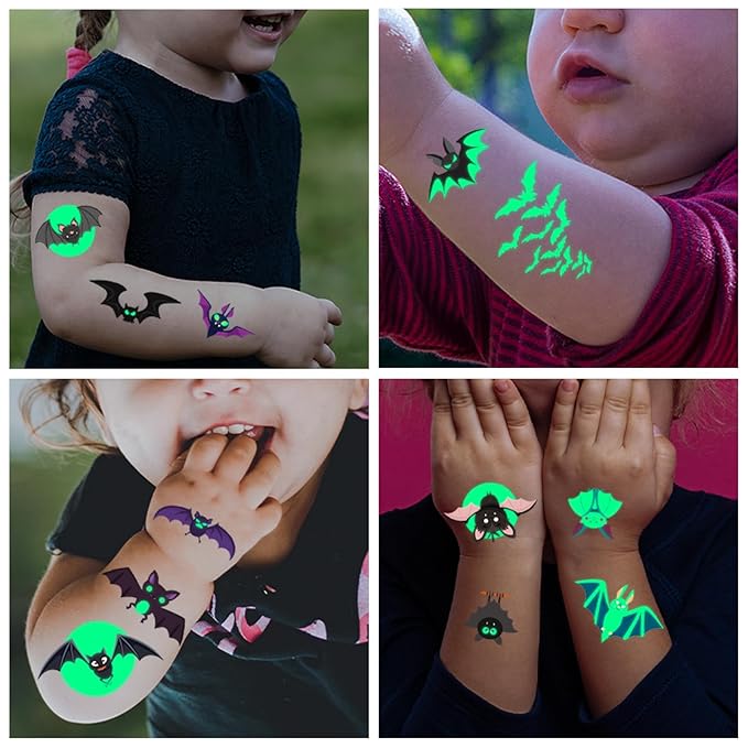 Halloween Luminous Bat Temporary Tattoos for Kids - 10 Sheets Glow In The Dark Halloween Bat Theme Tattoos for Boys and Girls, Halloween Cosplay Face Makeup Accessories Holiday Party Gifts